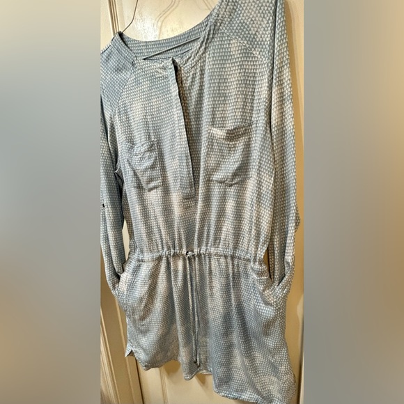 Blue & Grey Long Sleeve Draw-String Waist Mini Patterned Business Casual Dress - Picture 2 of 8